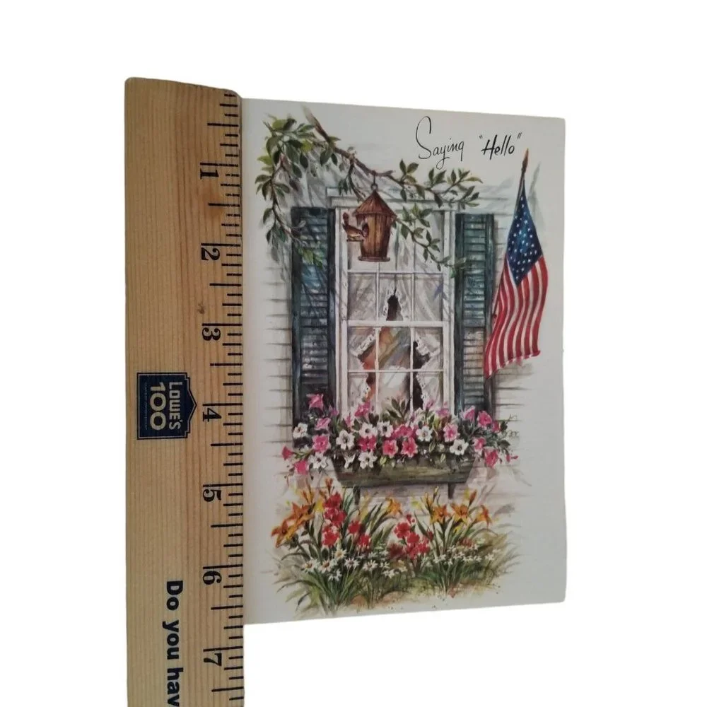 Vintage Greeting Card Friendship Hello Window Box American Flag Birdhouse Unused